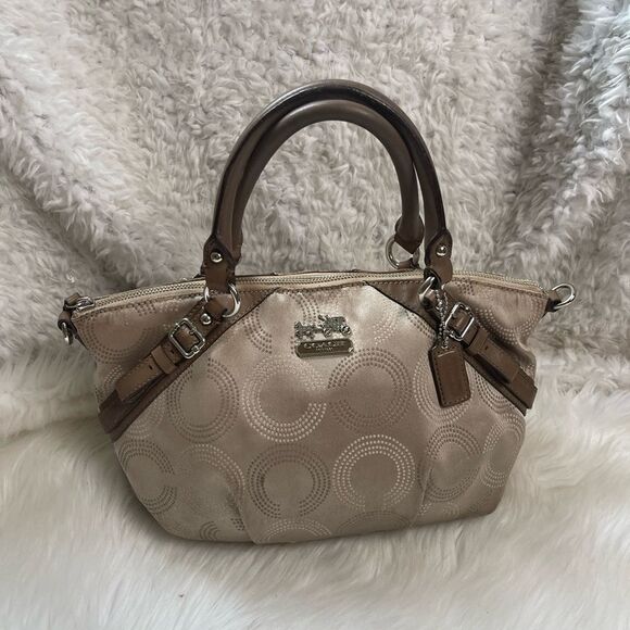 COACH MADISON DOTTED OP ART SOPHIA fabric Khaki Medium SATCHEL leather straps - Picture 4 of 15